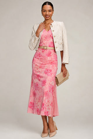 Lace Insert Mesh Midi Dress, Pink Abstract