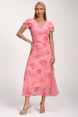 Lace Insert Mesh Midi Dress, Pink Abstract