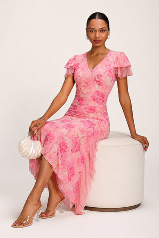 Lace Insert Mesh Midi Dress, Pink Abstract