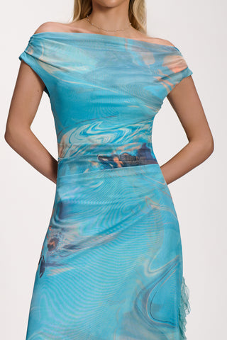 Lace Insert Ruched Mesh Maxi Dress, Blue Abstract