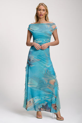 Lace Insert Ruched Mesh Maxi Dress, Blue Abstract