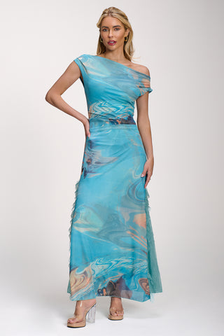 Lace Insert Ruched Mesh Maxi Dress, Blue Abstract