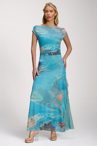 Lace Insert Ruched Mesh Maxi Dress, Blue Abstract