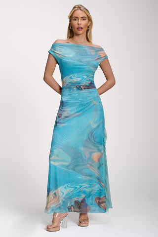 Lace Insert Ruched Mesh Maxi Dress, Blue Abstract