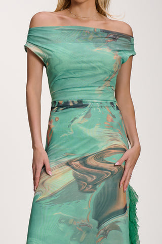 Lace Insert Ruched Mesh Maxi Dress, Green Abstract