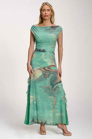 Lace Insert Ruched Mesh Maxi Dress, Green Abstract