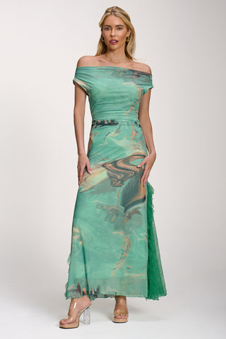 Lace Insert Ruched Mesh Maxi Dress, Green Abstract
