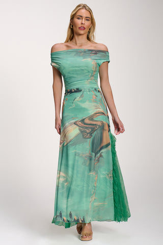 Lace Insert Ruched Mesh Maxi Dress, Green Abstract