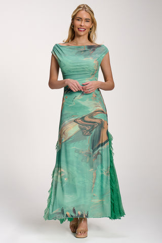 Lace Insert Ruched Mesh Maxi Dress, Green Abstract