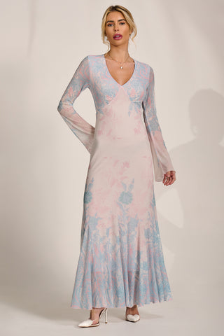Long Sleeve Godet Mesh Maxi Dress, Blue Multi