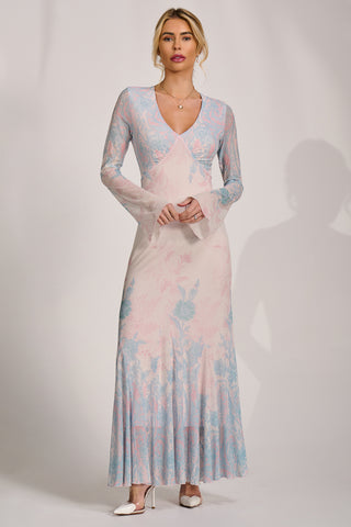 Long Sleeve Godet Mesh Maxi Dress, Blue Multi