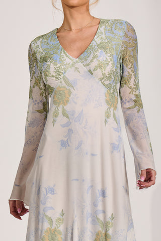 Long Sleeve Godet Mesh Maxi Dress, Green Multi