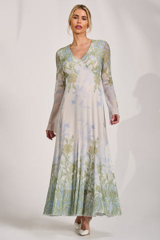 Long Sleeve Godet Mesh Maxi Dress, Green Multi