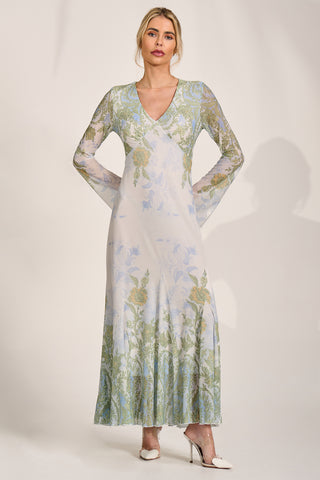 Long Sleeve Godet Mesh Maxi Dress, Green Multi