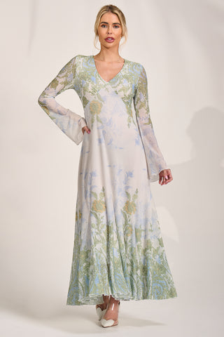 Long Sleeve Godet Mesh Maxi Dress, Green Multi