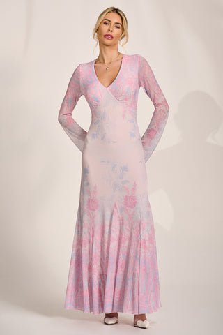 Long Sleeve Godet Mesh Maxi Dress, Pink Multi