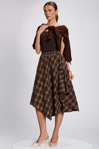 Check Asymmetric Woven Midi Skirt, Brown Check