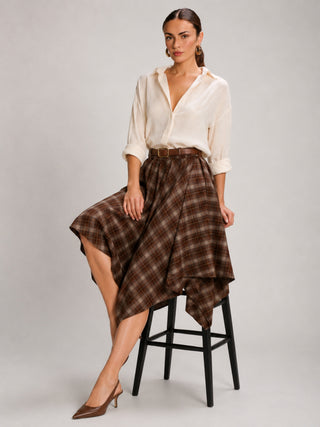 Check Asymmetric Woven Midi Skirt, Brown Check