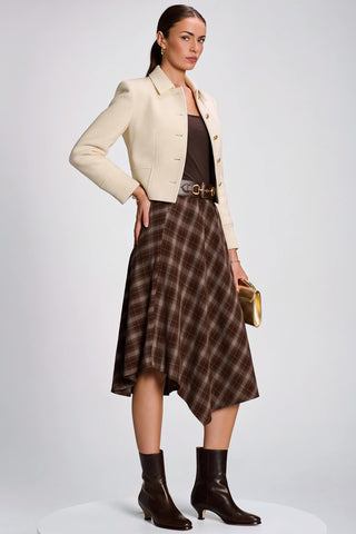 Check Asymmetric Woven Midi Skirt, Brown Check