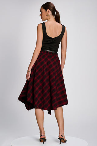 Check Asymmetric Woven Midi Skirt, Red Check