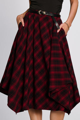 Check Asymmetric Woven Midi Skirt, Red Check