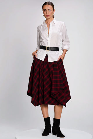 Check Asymmetric Woven Midi Skirt, Red Check