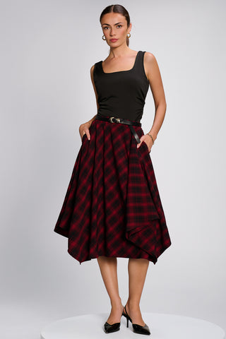 Check Asymmetric Woven Midi Skirt, Red Check