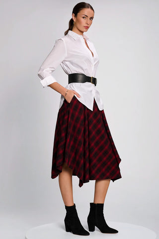 Check Asymmetric Woven Midi Skirt, Red Check