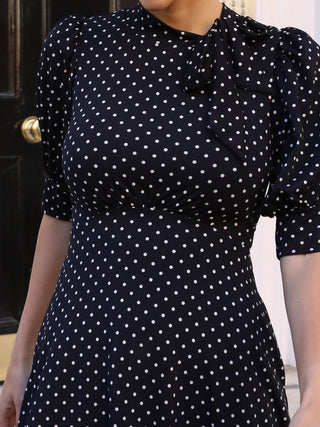 Tie Neck Puffy Sleeve Jersey Midi Dress, Navy Polka Dot