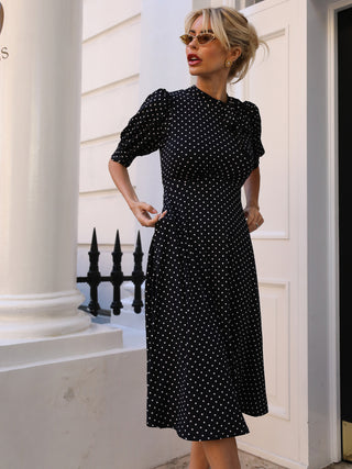 Tie Neck Puffy Sleeve Jersey Midi Dress, Navy Polka Dot