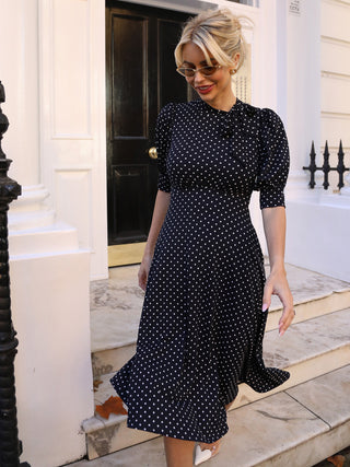 Tie Neck Puffy Sleeve Jersey Midi Dress, Navy Polka Dot