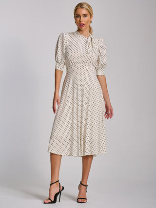 Tie Neck Puffy Sleeve Jersey Midi Dress, White Polka Dot