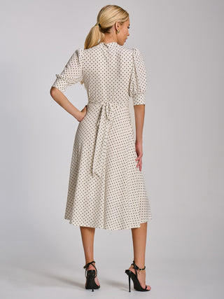 Tie Neck Puffy Sleeve Jersey Midi Dress, White Polka Dot