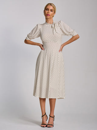 Tie Neck Puffy Sleeve Jersey Midi Dress, White Polka Dot