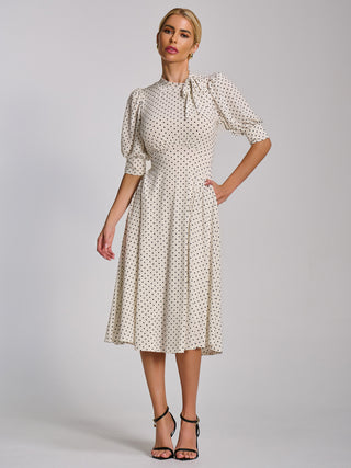 Tie Neck Puffy Sleeve Jersey Midi Dress, White Polka Dot