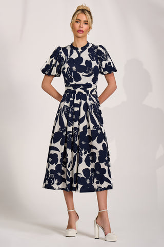 Turtle Neck Puff Sleeve Jersey Midi Dres, Cream Floral