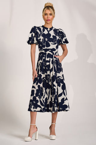 Turtle Neck Puff Sleeve Jersey Midi Dres, Cream Floral