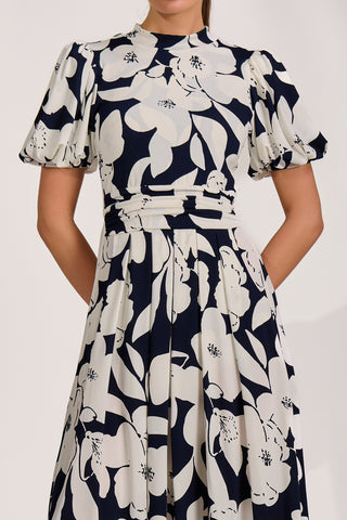 Turtle Neck Puff Sleeve Jersey Midi Dres, Navy Floral