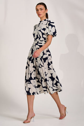Turtle Neck Puff Sleeve Jersey Midi Dres, Navy Floral