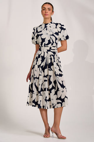 Turtle Neck Puff Sleeve Jersey Midi Dres, Navy Floral