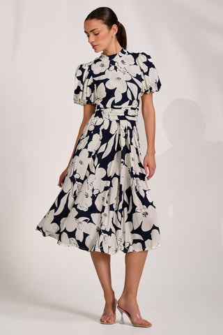 Turtle Neck Puff Sleeve Jersey Midi Dres, Navy Floral
