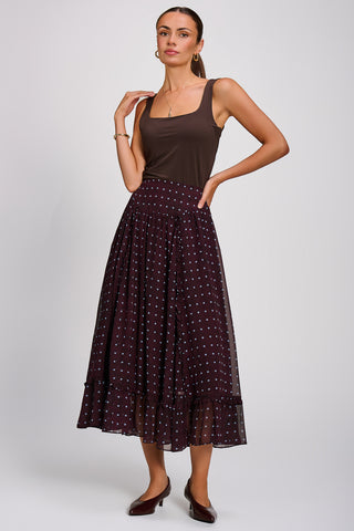 Chiffon Frill Tiered Maxi Skirt, Brown Spot