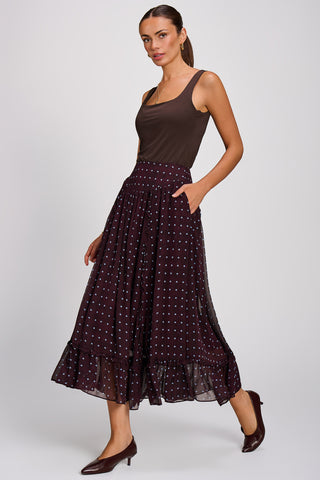 Chiffon Frill Tiered Maxi Skirt, Brown Spot
