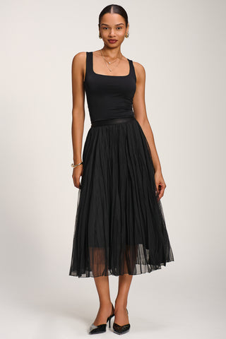 Plain Crinkle Mesh Midi Skirt, Black