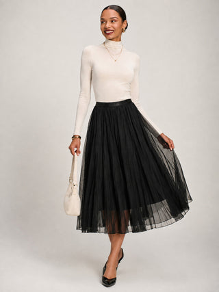 Plain Crinkle Mesh Midi Skirt, Black