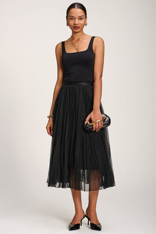 Plain Crinkle Mesh Midi Skirt, Black