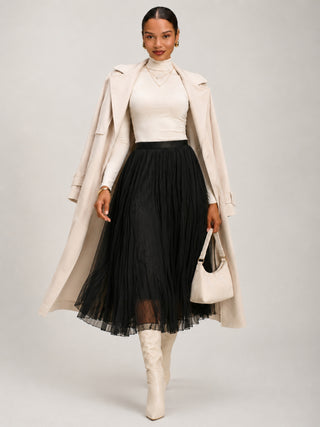 Plain Crinkle Mesh Midi Skirt, Black