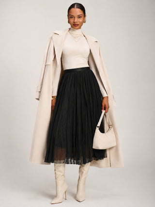 Plain Crinkle Mesh Midi Skirt, Black