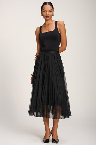 Plain Crinkle Mesh Midi Skirt, Black