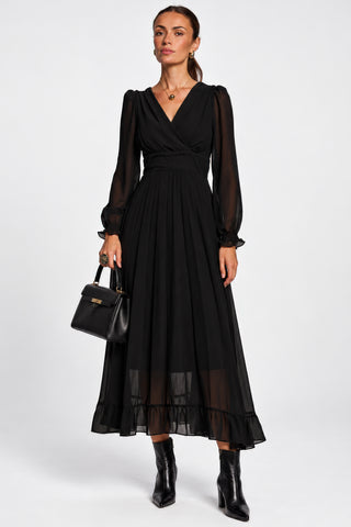 Long Sleeve Chiffon Pleated Maxi Dress, Black